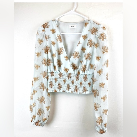 Wilfred Aritzia Boho Smocked Crop Top Mint Green Floral Sheer Balloon Sleeves S - Picture 8 of 9